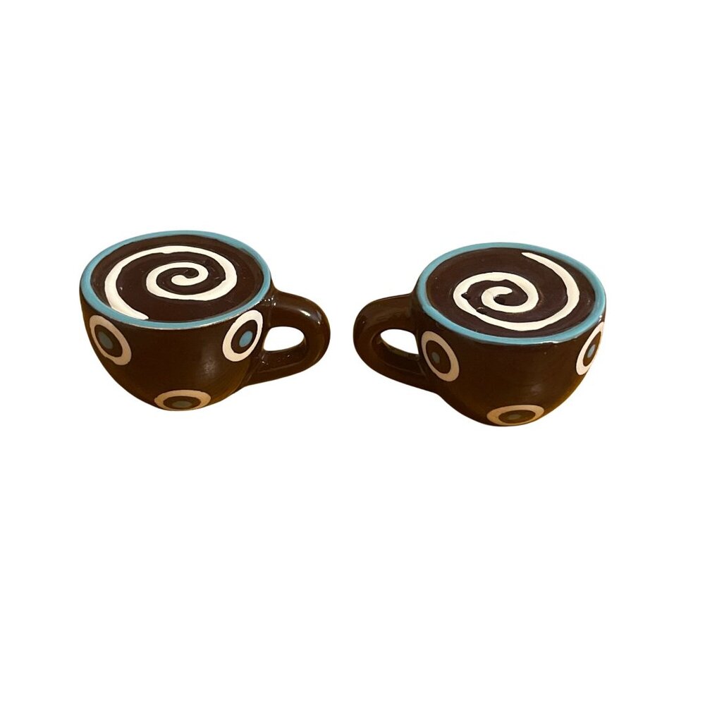 Ceramic Swirl Circle Design Espresso Cup Salt Pepper Shakers Stoppers NWOT